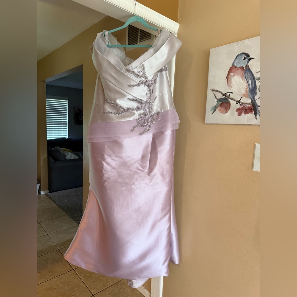 Terani Couture Strapless Lavender and Silver Beaded Evening Gown